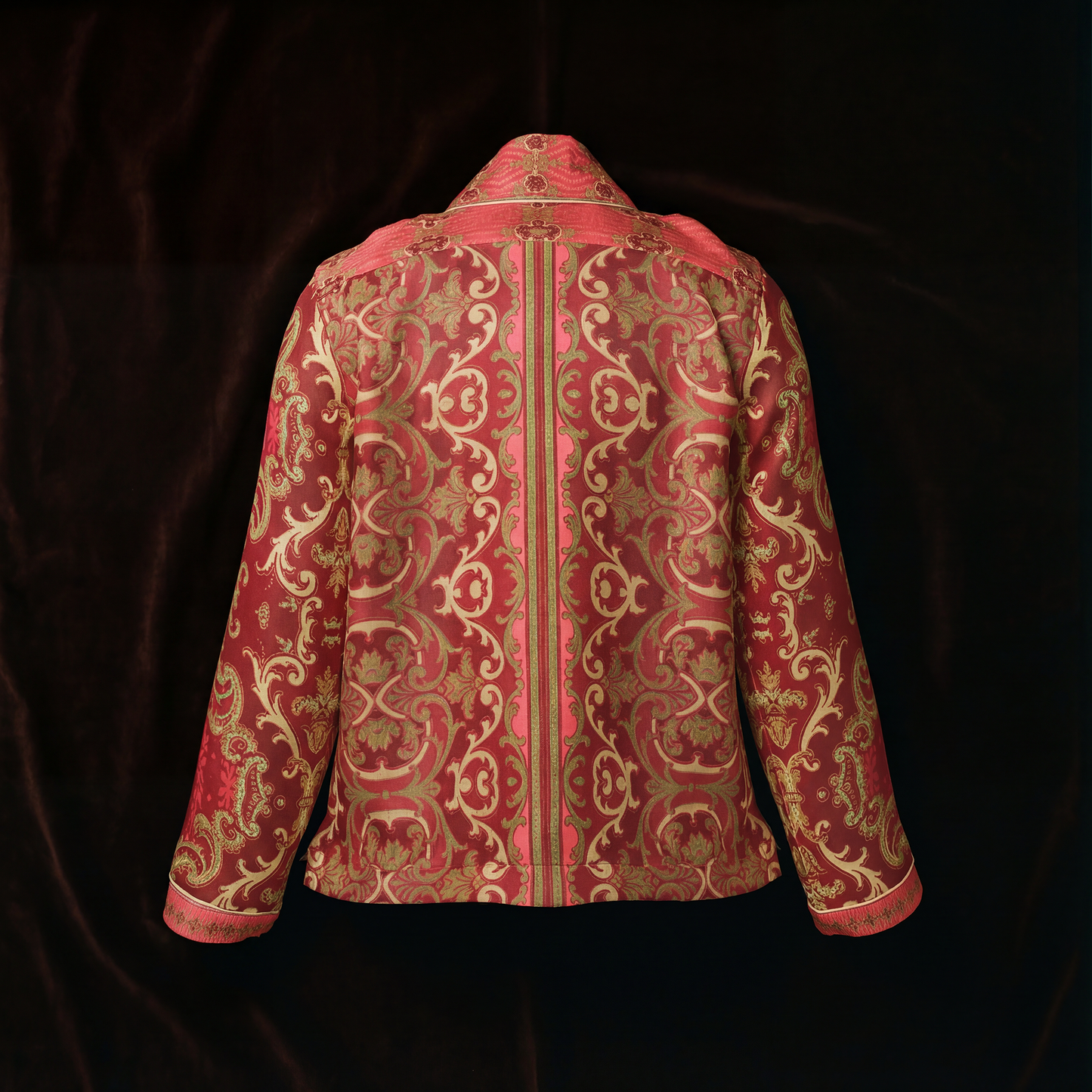Venetian Damask Silk Pajama Shirt in Gilded Crimson